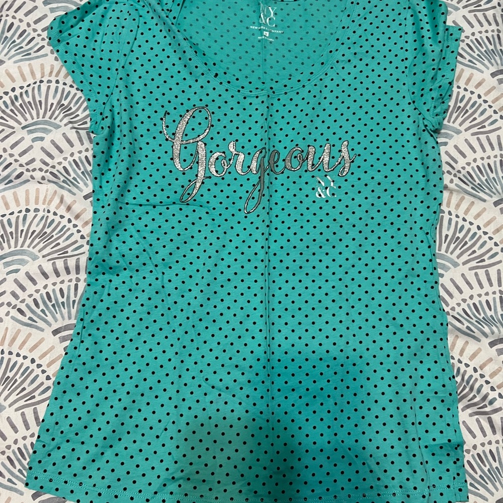 New York & Company Gorgeous Teal Top with Black Dots and Silver Print